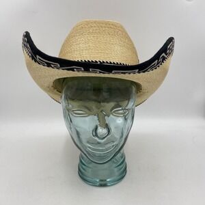 Large Straw Cowboy Hat Beige Black Greek Key Trim Western Rodeo Festival Charro